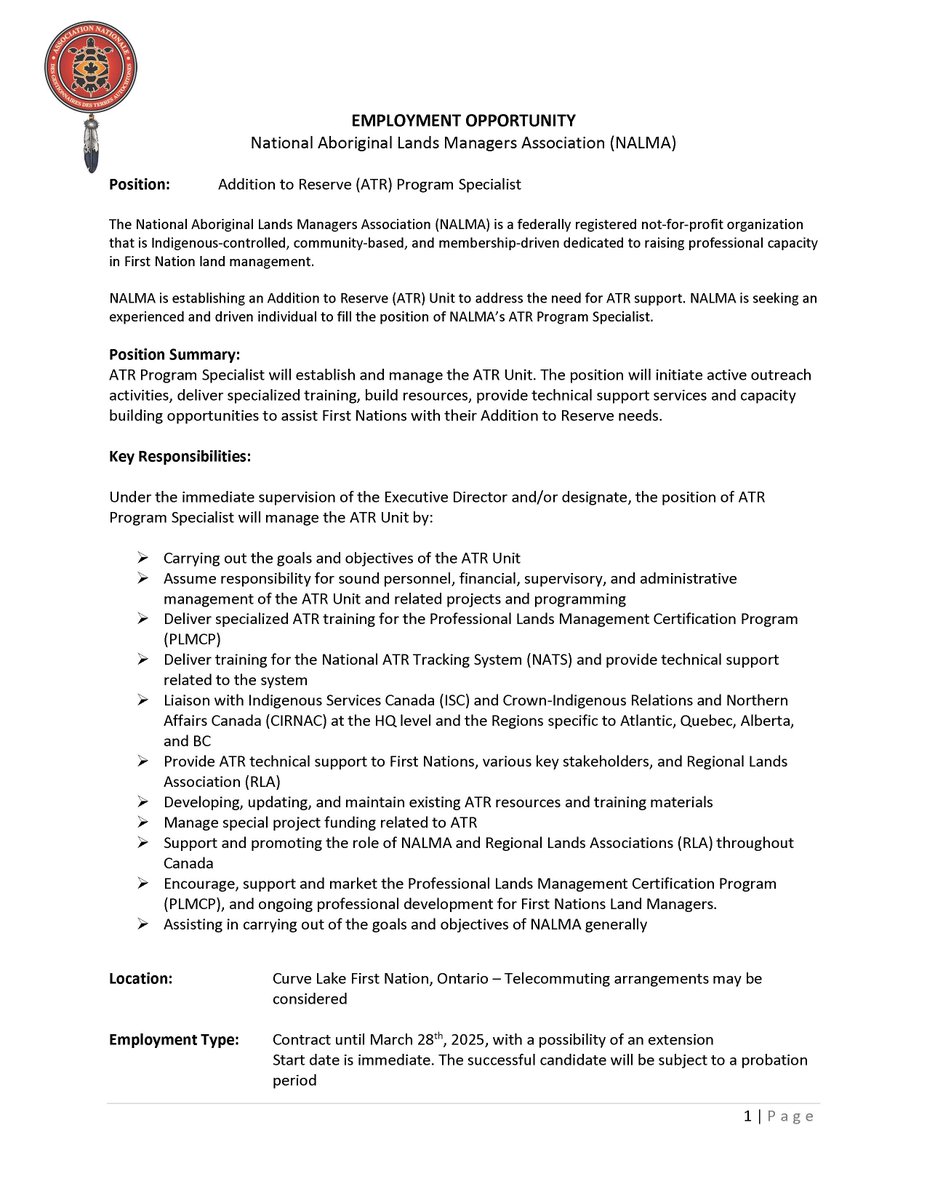 nalmaca's tweet photo. Interested in joining a dynamic team of First Nation Land Professionals? 
NALMA is recruting for the position of Addition to Reserve Program Specialist.  Please see the attached posting for details.  Closing date is Friday, September 2nd, 2022. https://t.co/EiFUcPEF9J