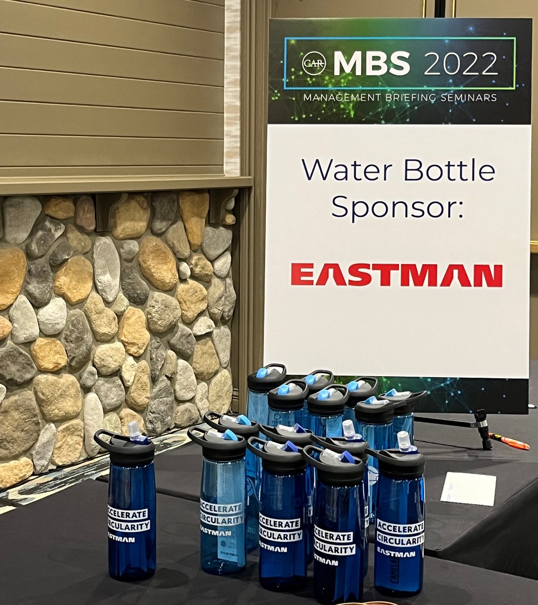 EastmanRenew's tweet photo. At @cargroup #CARMBS2022, @EastmanChemCo provided @CamelBak reusable water bottles made with recycled materials to attendees, saving plastic waste from over 3,000 disposable water bottles. We look forward to growing the circular economy in the auto industry at #CARMBS in 2023! https://t.co/5xFTtO2roc