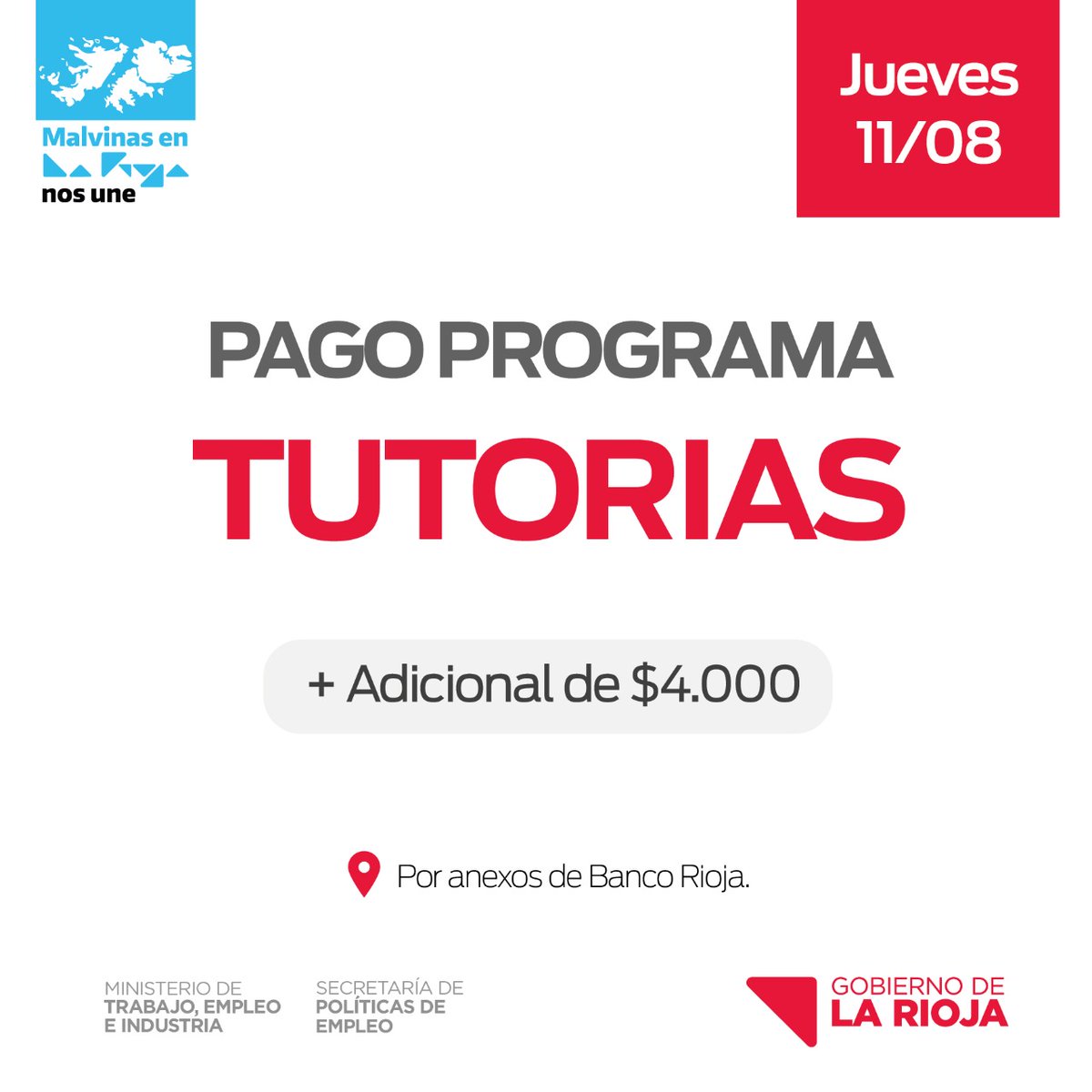 SecEmpleoLR's tweet photo. 📍𝗣𝗮𝗴𝗼 𝗱𝗲𝗹 𝗣𝗿𝗼𝗴𝗿𝗮𝗺𝗮 𝗧𝘂𝘁𝗼𝗿𝗶́𝗮𝘀 
La @SecEmpleoLR, dependiente del @mintrabajo_lr, comunica que a partir del jueves 11 de agosto, comenzará a hacerse efectivo el pago del Programa Tutorías + Adicional.
⤵️ https://t.co/mmcFAlTQux
