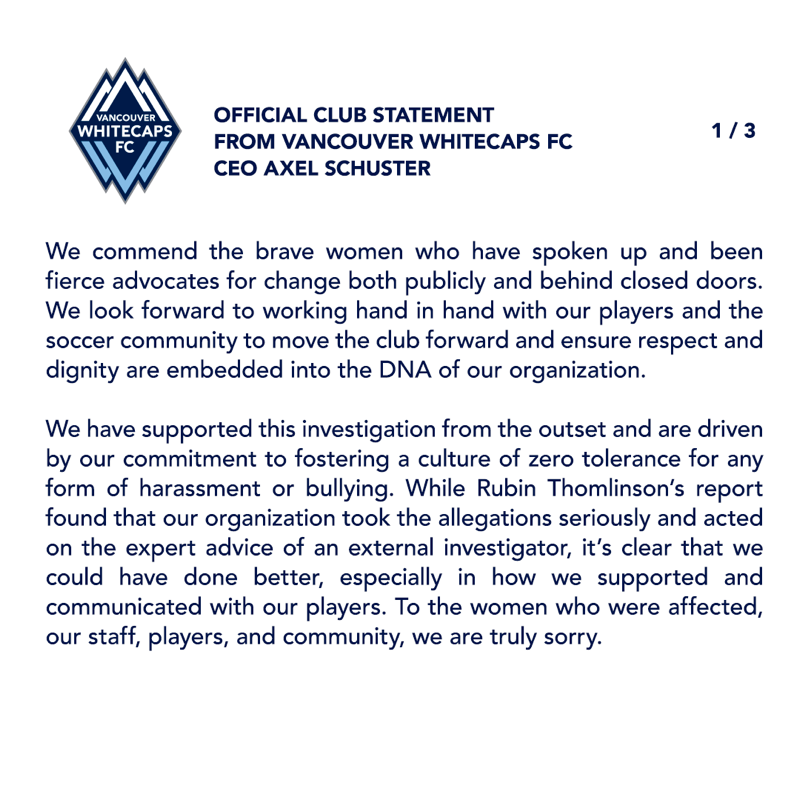 WhitecapsFC's tweet photo. MLS released the findings of an independent investigation by Rubin Thomlinson LLP into the Vancouver Whitecaps FC handling of misconduct allegations brought forward by members of the women’s team against former coach Bob Birarda in 2008 and former coach Hubert Busby, Jr. in 2011.