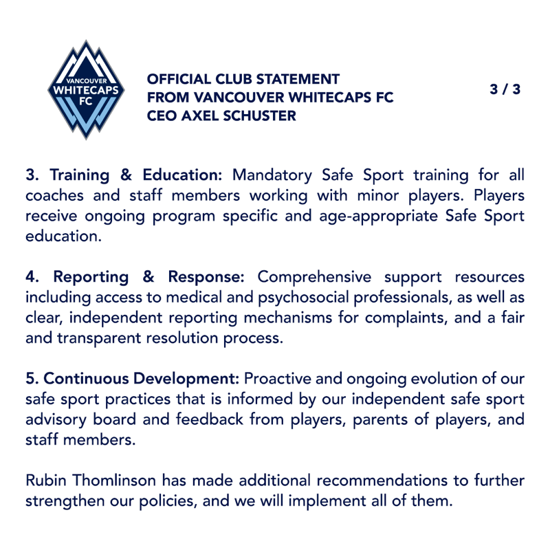 WhitecapsFC's tweet photo. MLS released the findings of an independent investigation by Rubin Thomlinson LLP into the Vancouver Whitecaps FC handling of misconduct allegations brought forward by members of the women’s team against former coach Bob Birarda in 2008 and former coach Hubert Busby, Jr. in 2011.