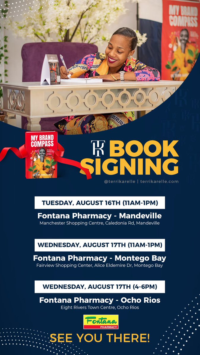 TerriKarelle's tweet photo. Finally!!! I have a clear schedule to facilitate book signings @FontanaPharmacy in Mandeville, Montego Bay and Ochi!
So excited!!!!
#MyBrandCompass https://t.co/T8b1thIRWM