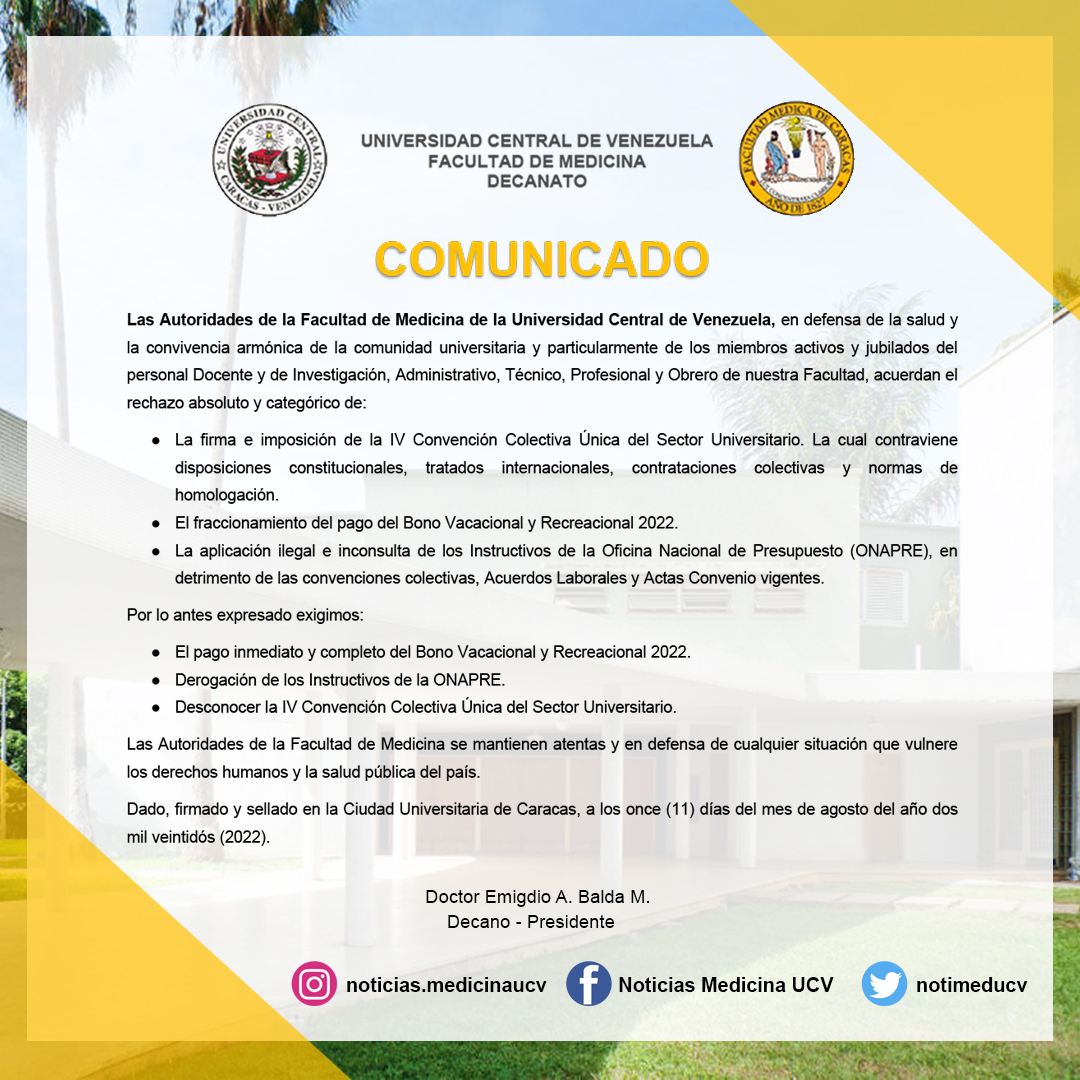 NotiMedUCV's tweet photo. Comunicado de las Autoridades de la Facultad de Medicina de la UCV, en defensa de la salud y la convivencia armónica de la comunidad universitaria. @ucevista #UCV https://t.co/atEZ8IxfMV