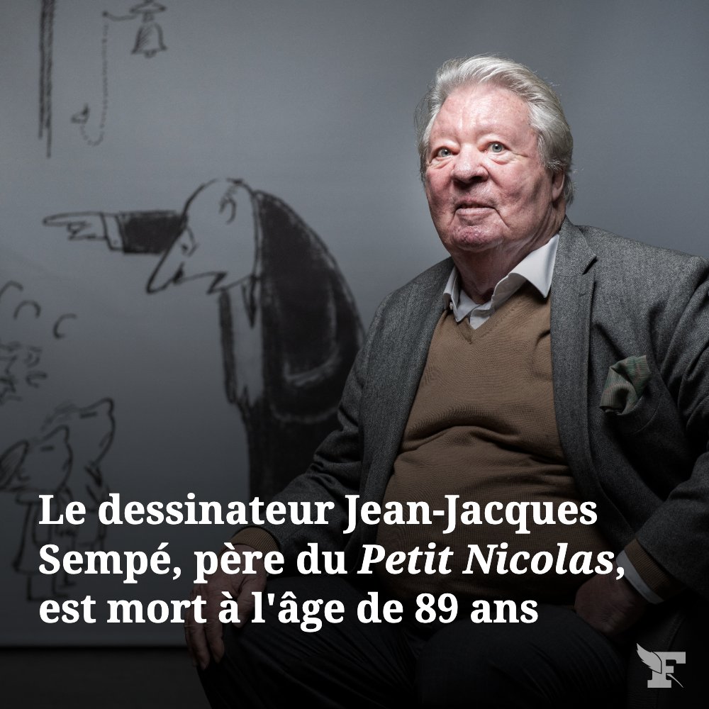 Le_Figaro's tweet photo. Voilà, Sempé n'est plus. Il ne décochera plus ses traits en forme de flèches d'Indiens qui nous touchaient souvent au cœur. La France pleure la mort du papa du Petit Nicolas. https://t.co/haPaPf7Yoz