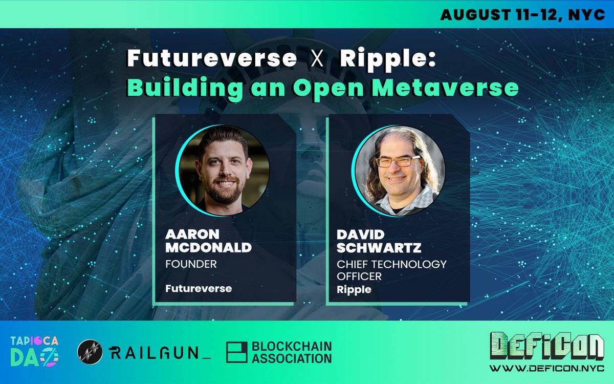 Ripple's tweet image. At 5pm EST, @joelkatz will be speaking with @aaronmcdnz, Founder of @futureversexyz, on Ripple's entrance to the metaverse community and our new partnership with FLUF World.

Watch the session at @DeFi_Conference here: deficon.nyc/august-11-main…