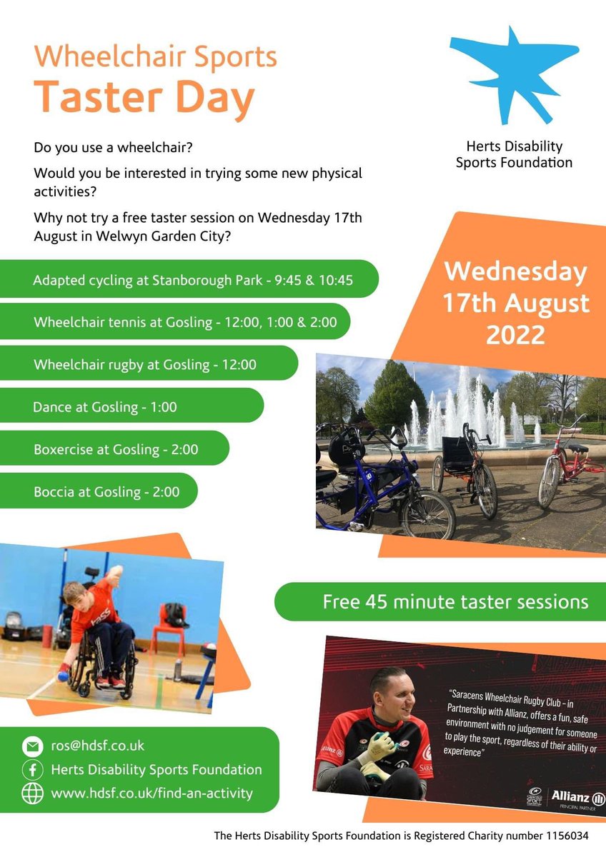 Do you use a wheelchair? Are you interested in trying some different sports? Why not join us for a relaxed, fun taster session on Wednesday 17th August?! All 45 minute taster sessions are free to enjoy, To book go to ticketsource.co.uk/herts-disabili…