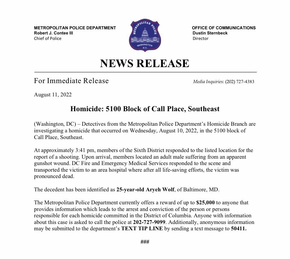 MrAndyNgo's tweet photo. On Wednesday in Washington, D.C., a young Orthodox Jewish man named Aryeh Wolf was shot dead while installing solar panels on a building. @DCPoliceDept is seeking the following black male suspect. He was recorded holding a firearm by nearby CCTV. https://t.co/b0v2VR80Co