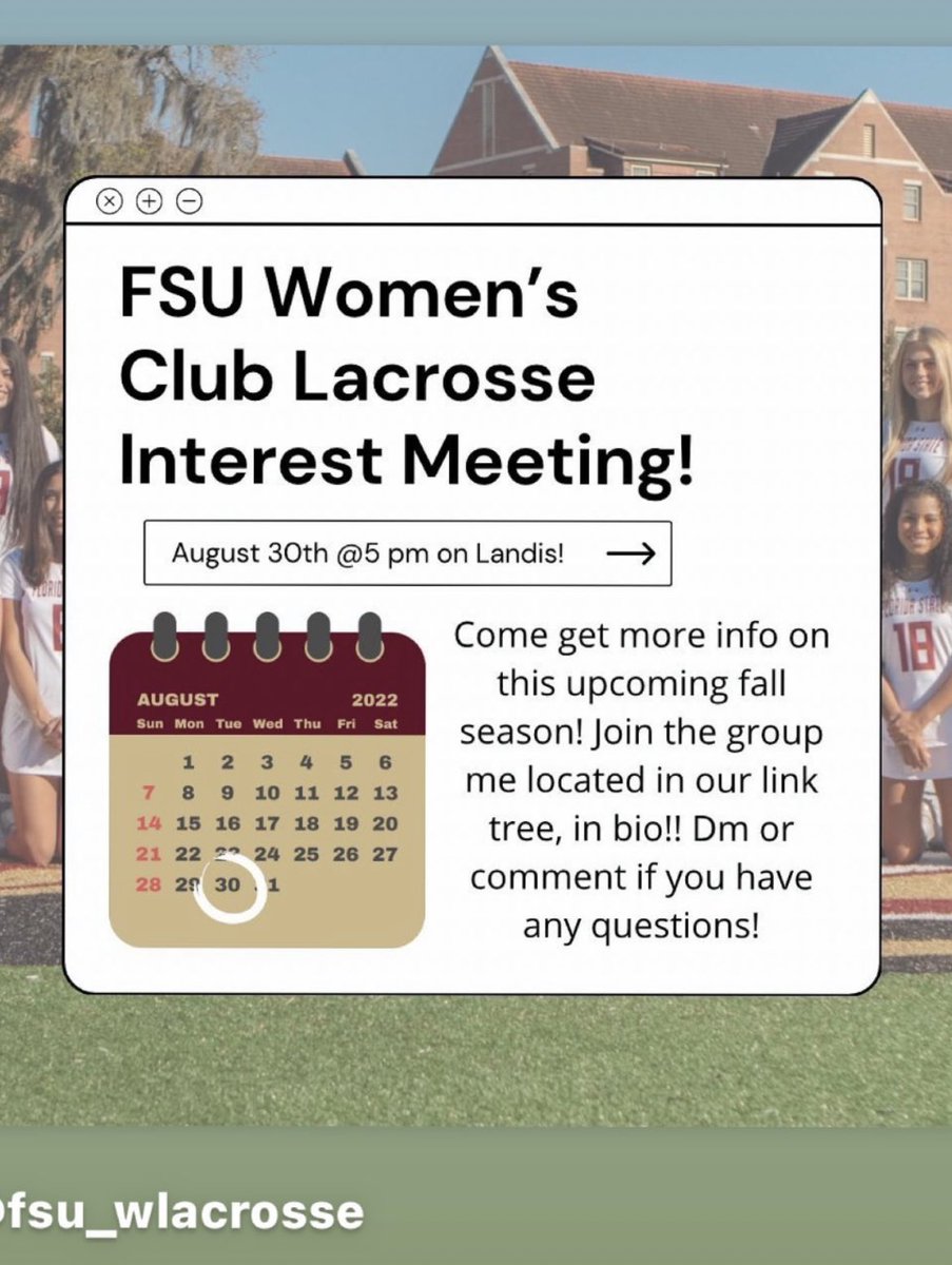 For those girls going to FSU or UF or UCF and you love lacrosse, check out your school’s lacrosse club team. Here’s info on FSU’s club  lacrosse team.