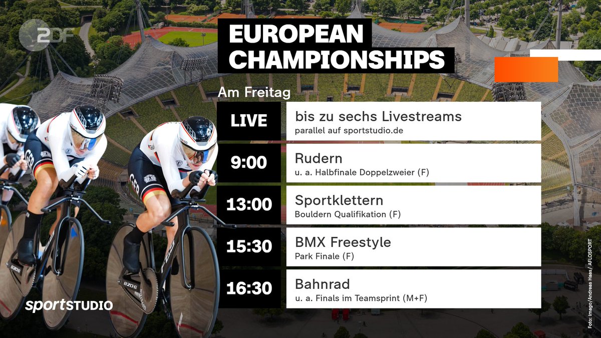 sportstudio's tweet photo. Der zweite Wettkampftag der European Championships steht an: Neben Rudern, steht das Klettern auf dem Programm. Und im Radsport kann es zur ersten deutschen Medaille kommen.  Hier geht's zu den Livestreams: https://t.co/FG8K6pLSE0 @Euro_Champs @ECMunich2022 #munich2022 #ec202 https://t.co/UV4FGNbkvj