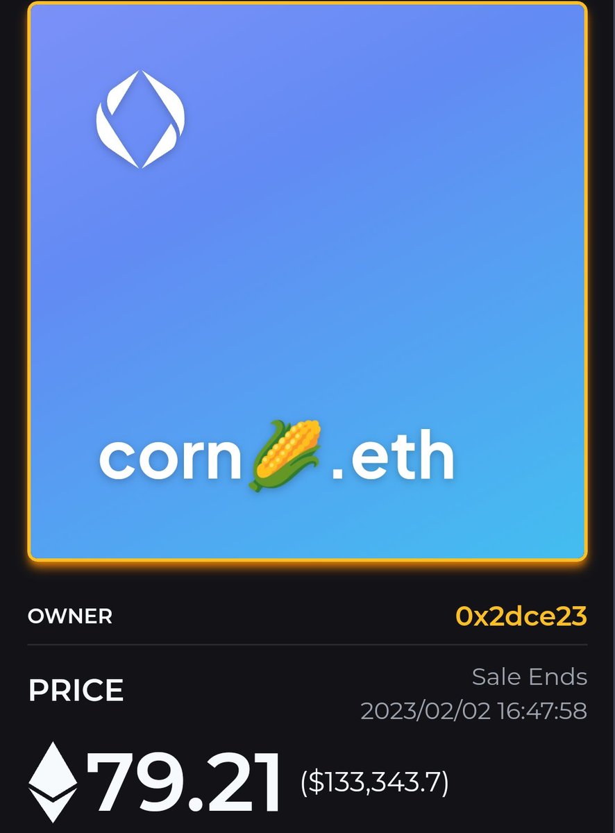ThreeCycles's tweet photo. Corn🌽 for sale 79.21 ETH #ens #ensdomains #domains #domainsforsale #ico #corn #bitcoin #etherlambos #etherocks #historicalnfts #historicnfts #nft #nfts #metaverse #VentureCapital #btc #eth #ethereum #sales https://t.co/DivA2ZEi0I https://t.co/8DvWn7CR5T
