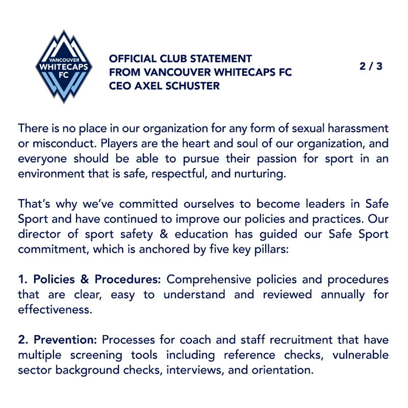 WhitecapsFC's tweet photo. MLS released the findings of an independent investigation by Rubin Thomlinson LLP into the Vancouver Whitecaps FC handling of misconduct allegations brought forward by members of the women’s team against former coach Bob Birarda in 2008 and former coach Hubert Busby, Jr. in 2011.