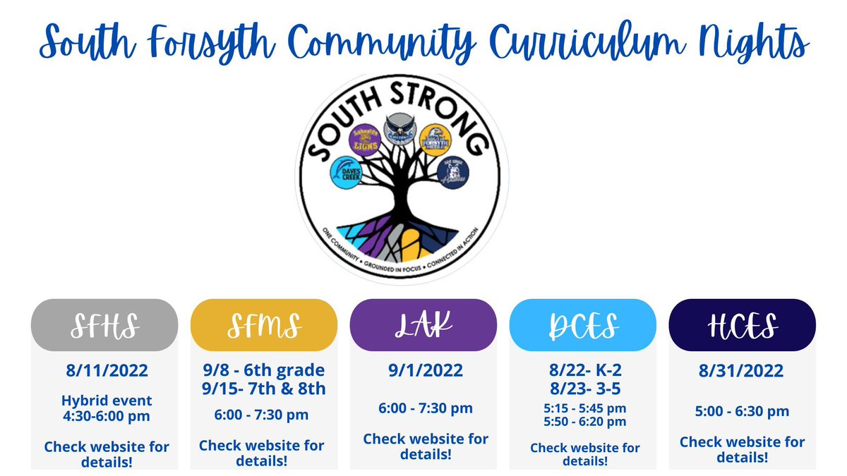 Please check out our South Strong Community Curriculum Nights! <a href="/SouthForsythHS/">SouthForsythHS</a> <a href="/LakesideMDL/">Lakeside Middle</a> <a href="/SouthForsythMS/">South Forsyth Middle</a> <a href="/DavesCreekES/">Daves Creek ES</a> #southstrong