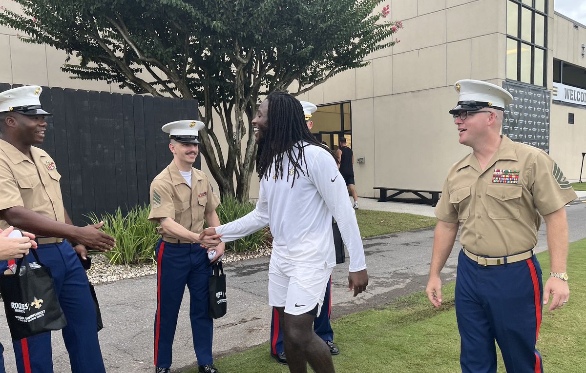 Saints's tweet photo. Dennis Allen invited local Marines from the Fourth Marine District in Algiers to #SaintsCamp today! 

@USMC | #Saints https://t.co/1P6ow3Al3K