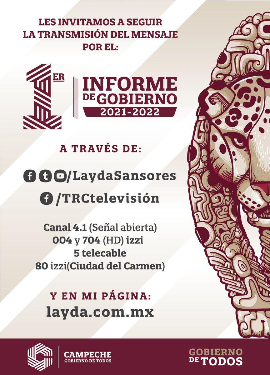 LaydaSansores's tweet photo. Los invito a ver y escuchar, por mis distintas redes sociales y TV, el mensaje del #1erInformeJaguar a partir de las 6 de la tarde.

Hemos ordenado la casa para poder sacar adelante a #Campeche.

YouTube: https://t.co/teqMyS6fxL https://t.co/Mt4ZMjZTEQ