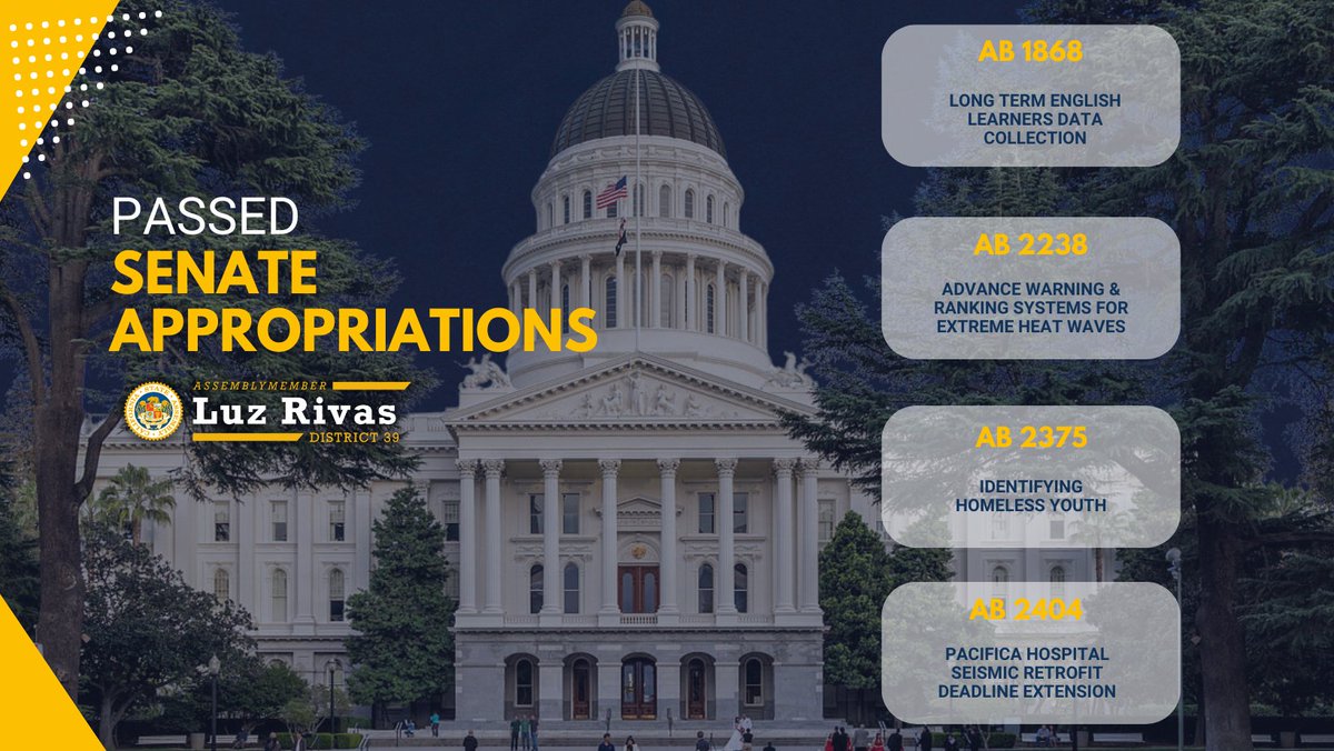 AsmLuzRivas's tweet photo. #AB1868, #AB2238, #AB2375, and #AB2404 passed out the Senate Appropriations Committee, and now they move onto the Senate Floor! https://t.co/AqY7ZdsWke