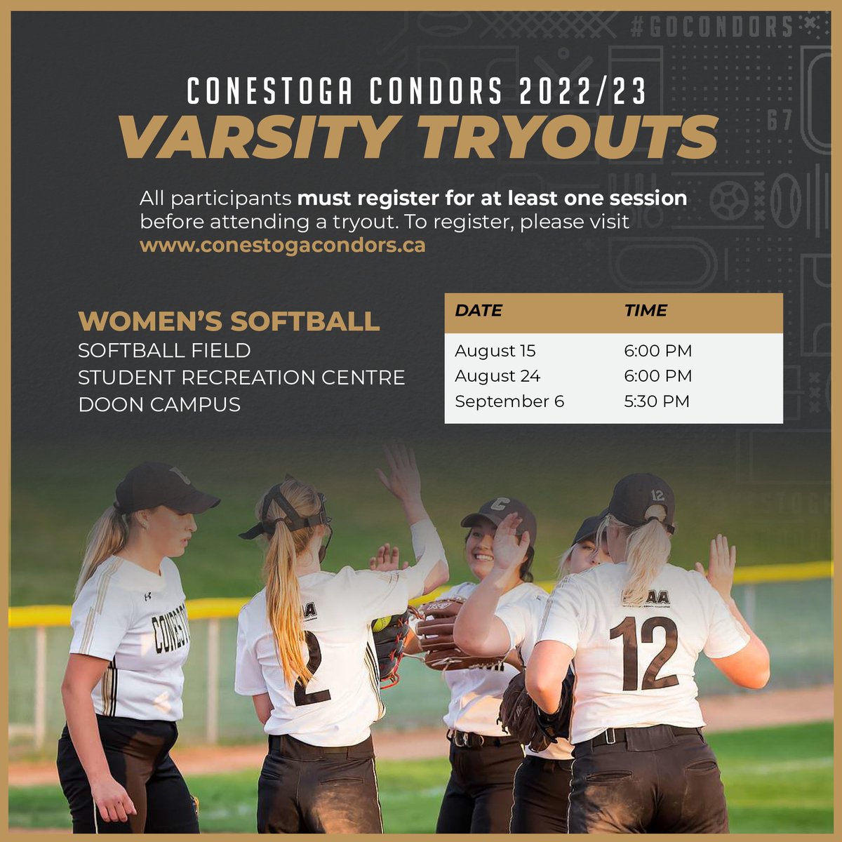 🚨 2022-23 VARSITY TRYOUTS 🚨🦅

We're kicking it off with Softball!! 🔥 

All students must register for at least one session.

📆 Aug 15, Aug 24 and Sep 6
📌 Student Recreation Centre - Doon Campus
🔗 Link in bio to register!

<a href="/CStudentsInc/">Conestoga Students Inc.</a> <a href="/ConestogaC/">Conestoga College</a> <a href="/CCSuccessServ/">Conestoga College Student Success</a>