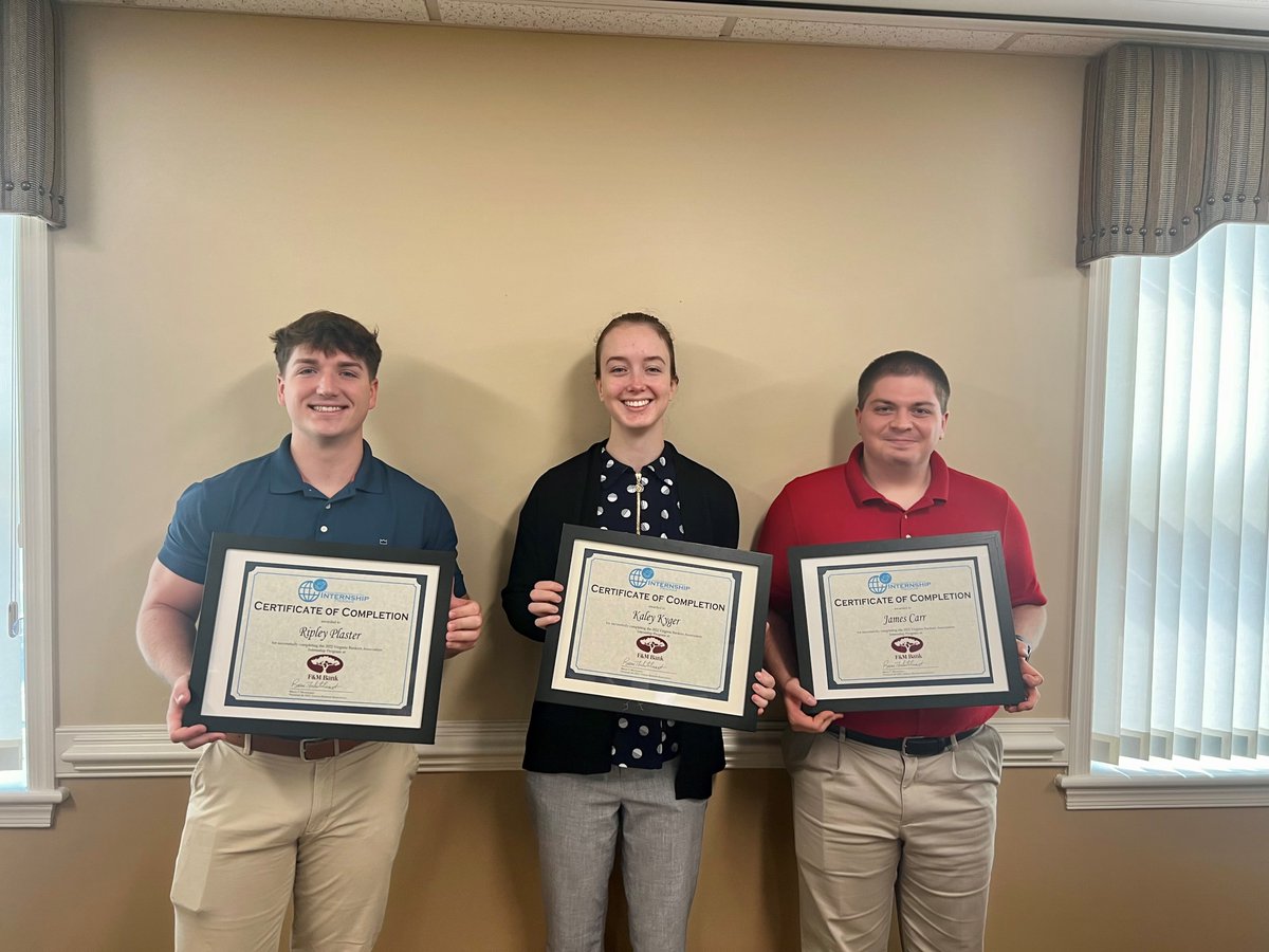 Congratulations to our summer #interns, Ripley Plaster, Kaley Kyger, and James Carr! 🎉 Thank you to the Virginia Bankers Association for a great year of this program, and to all the F&M Bank employees who participated in providing this valuable experience to our bank interns!