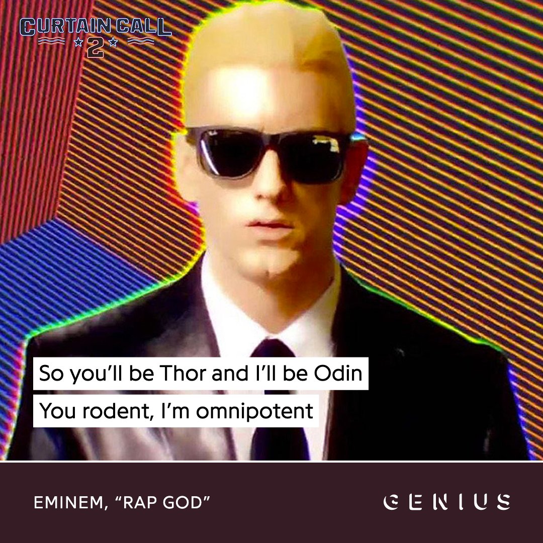 Genius's tweet photo. we went through the genius data to pull some quotables from the top 3 most popular @eminem songs on #CurtainCall2

share your favorite #CurtainCall2 genius lyric card and you might just get a repost and a prize from eminem himself 👀

details: https://t.co/g3y3KHlOIT https://t.co/fcrFwFHJvl