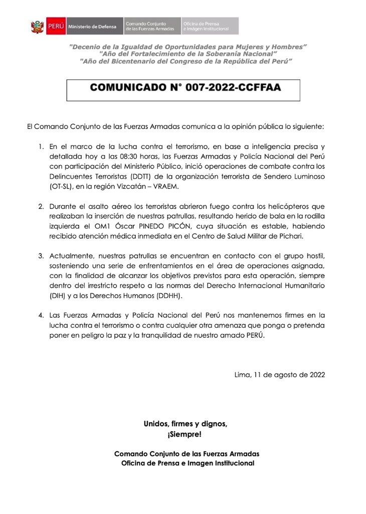 CCFFAA_PERU's tweet photo. Comunicado No 007-2022-CCFFAA https://t.co/88ZFoBIDtf