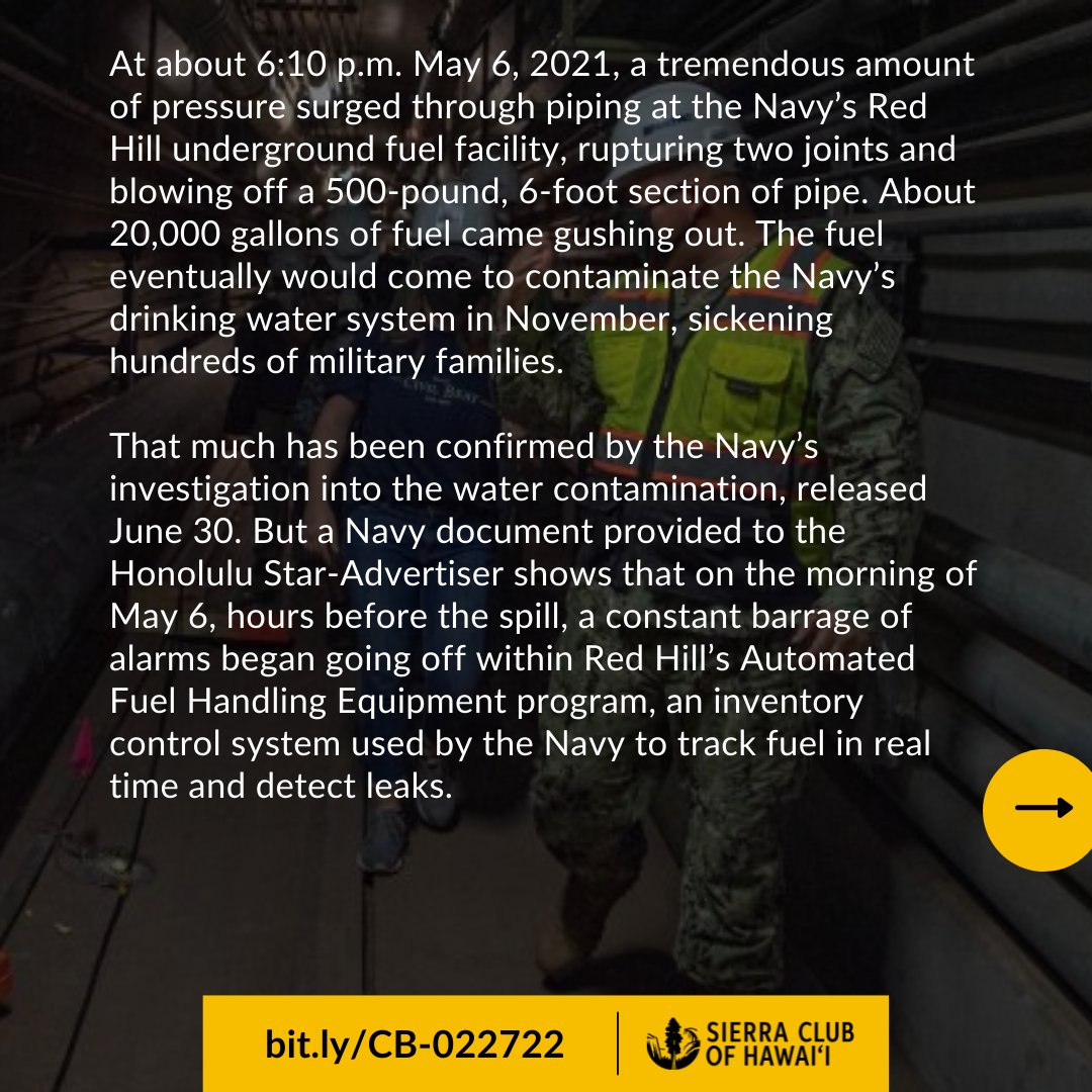 sierraclubhi's tweet image. A new report shows that the Red Hill facility showed critical system warnings hours before the fuel spill that poisoned Oʻahu&apos;s water. This once again shows that the Navy had ample warning that something was wrong and chose to do nothing. They willingly poisoned us.