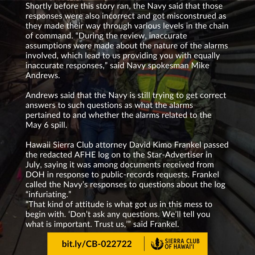 sierraclubhi's tweet image. The Navy had known for years the Red Hill was falling apart. They knew hours before thousands of gallons of fuel spilled from their facility that catastrophe was imminent and instead of stopping it, they operated as normal and tried to cover up their failure.
