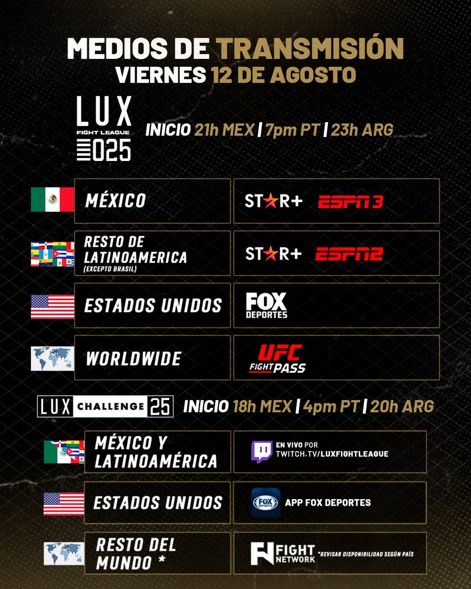 luxfightleague's tweet photo. #LUX025 se vive a través de los siguientes medios de transmisión 👇
👊 LUX025 | Viernes 12 de agosto
📍 Showcenter Complex, Monterrey 🇲🇽
🎟️ Boletos en Superboletos 🔗👉 https://t.co/Jgl5dQzCJF
#luxfightleague #luxmma #mmamexico #mmalatino #monterrey https://t.co/6hAJg7Fgri