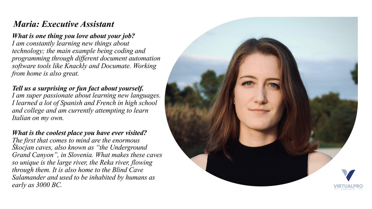 VirtualProBusy1's tweet image. We are continuing staff introductions as a way of creating a sense of familiarity and trust with customers. This week, we&apos;re introducing you to Maria, who joined us as an Executive Assistant and Document Specialist in January of this year. #VirtualProFamily #DocumentAutomation