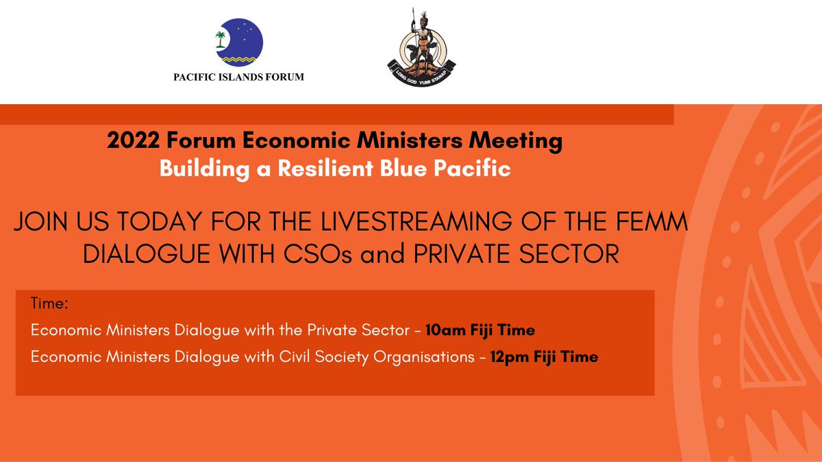 ForumSEC's tweet photo. Join Us!
We will be livestreaming the Dialogues from #FEMM2O22 on the #ForumSec Facebook page, https://t.co/T3P0xzDMv9
Time:
Private Sector Dialogue β 10am FJ time
CSO Dialogue β 12pm FJ time
See you then! #Vanuatu #privatesector #CSOs https://t.co/y8MVYF6yPA