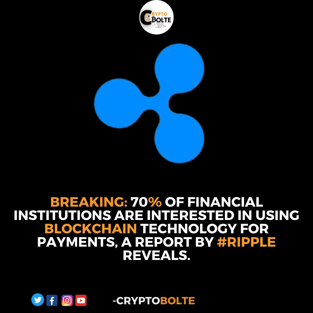 Crypto_Bolte's tweet photo. BREAKING: 70% of financial institutions are interested in using blockchain technology for payments, a report by #Ripple reveals.
SOURCE: https://t.co/DedpGueFIM
TAGS: #cryptobolte #cryptocurrency https://t.co/qhrlooK22X
