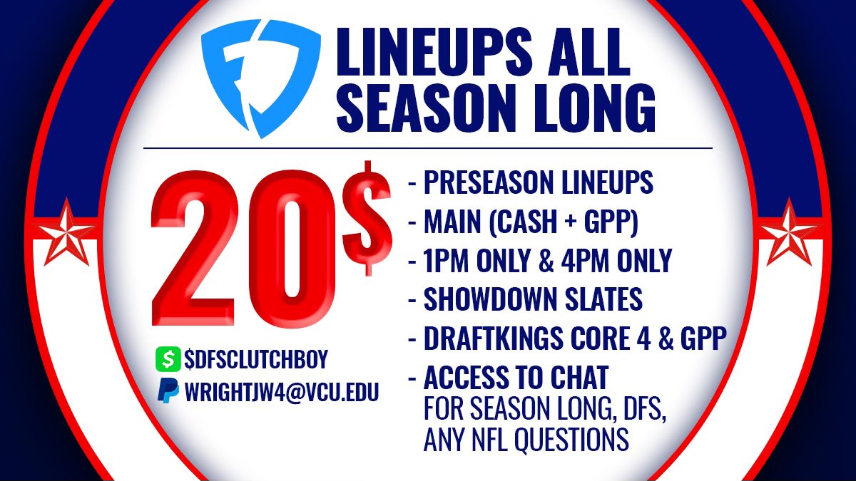 DFSClutchBoy's tweet image. 🏈 NFL ANNOUNCEMENT 🏈

ONE PERSON WHO RT'S WILL WIN THIS PACKAGE FREE OF CHARGE 

Winner selected August 19th!

🚨 THIS INCLUDES PRESEASON WHICH I WILL HAVE A LINEUP (FD) AND DK CORE FOR EVERY SLATE🚨

NOBODY is cheaper than $20 for the entire season

🏈🏈 GO RT GO RT 🏈🏈
