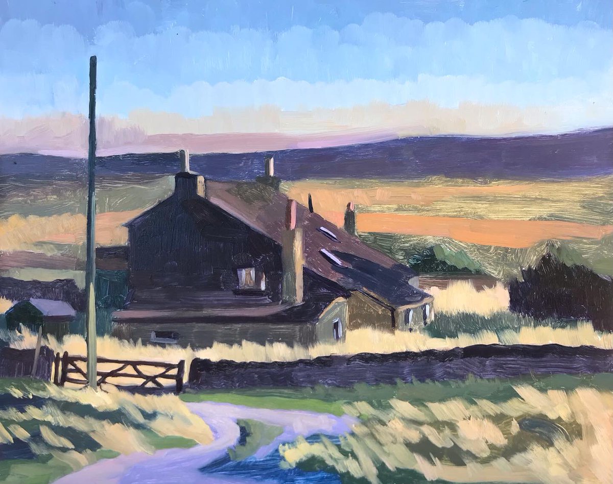 SJonesart's tweet photo. ‘Farmhouse at Crawleyside Bank’,
8” x 10”, oil on gesso board
The sun was setting, creating some great shadow areas, warming up the sky and giving the grasses and distant heather a glowing effect.
#pleinair #Crawleyside #oils #farmhouse #sunset #ruralpainting #stuartjonesart https://t.co/UmdF2PG0nS