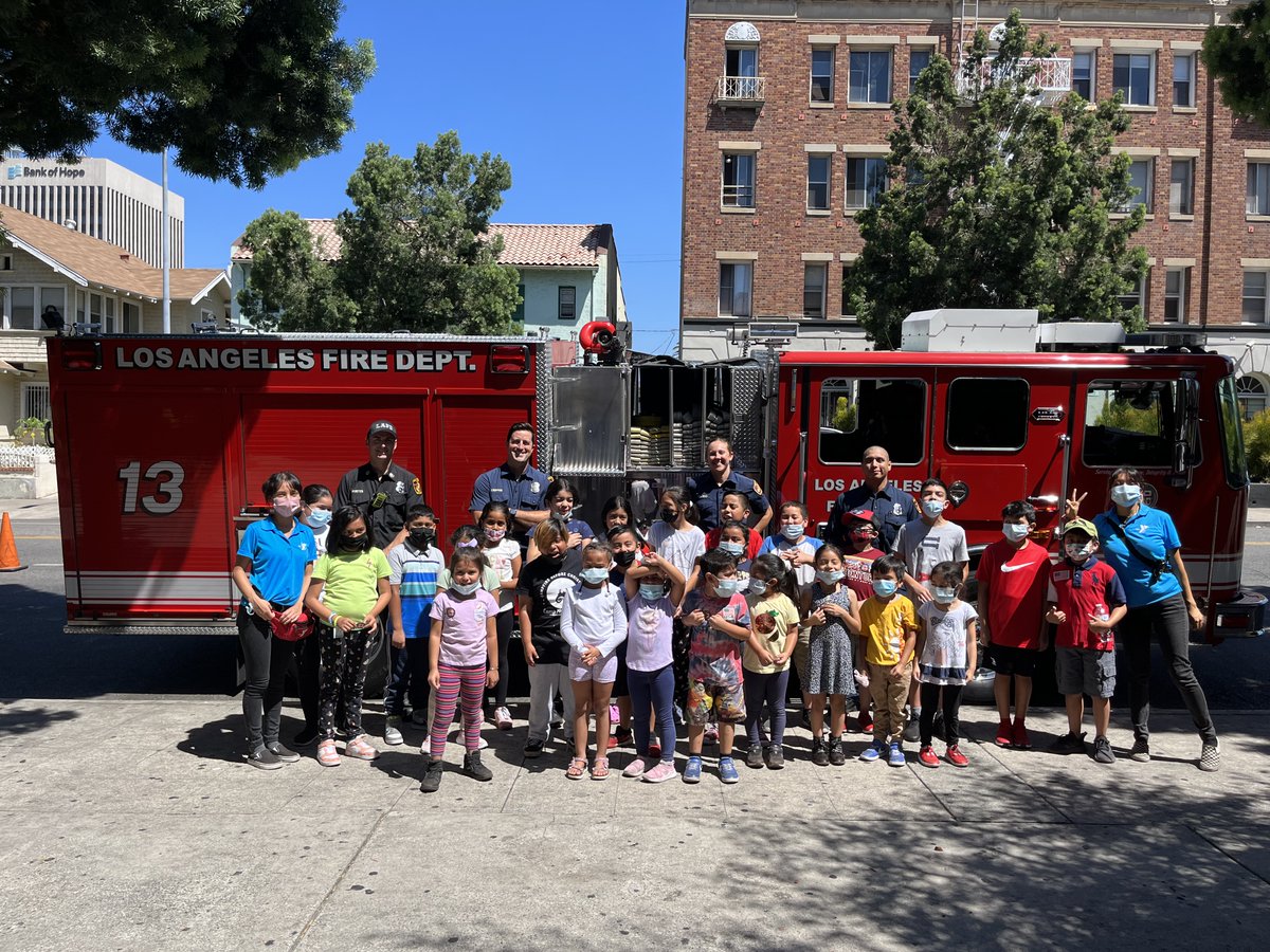 In partnership with MySafe:LA, LAFD Central firefighters from Engine 13 in Koreatown recently visited the Ketchum YMCA summer camp. These happy campers learned about fire safety and firefighters' tools and protective equipment, and even got to tour the fire engine.