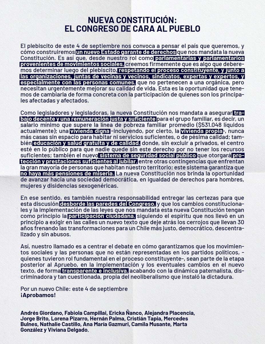 Como parlamentarixs provenientes de movs sociales llamamos a Aprobar en el plebiscito y a debatir cómo las organizaciones, personas expertas y comunes, serán parte de la etapa de implementación y eventuales cambios de la nueva Constitución, fuera del Congreso.
Lee nuestra carta👇