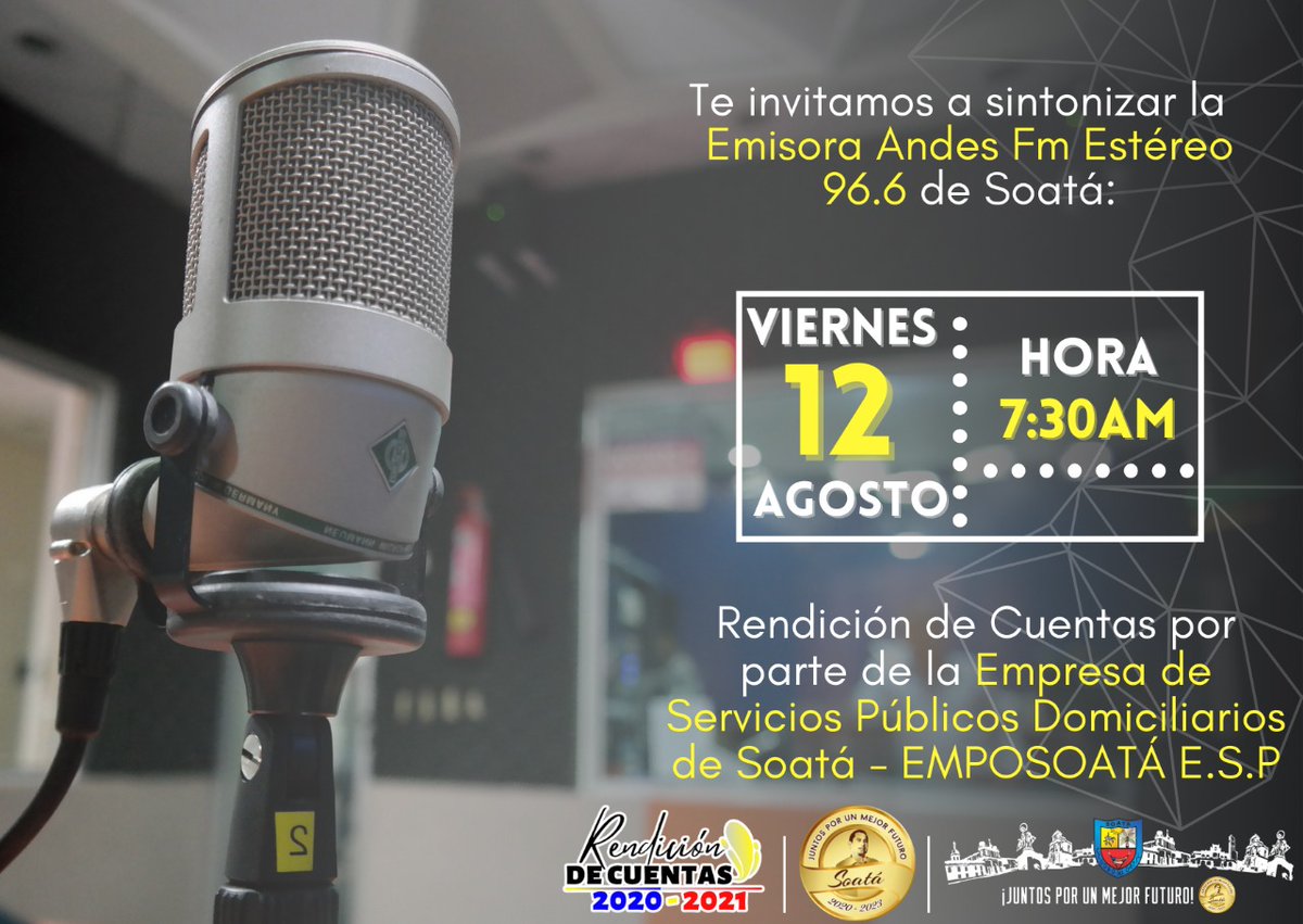 AlcaldiadeSoata's tweet photo. Invitación especial a toda la comunidad Soatense para sintonizar la Emisora Andes FM Estéreo el día de mañana a las 7:30 am, donde conocerán el trabajo realizado por la Empresa de Servicios Públicos Domiciliarios de Soatá - EMPOSOATÁ E.S.P, durante la vigencia 2020-2021 ⬇️. https://t.co/m78UN4VlPc