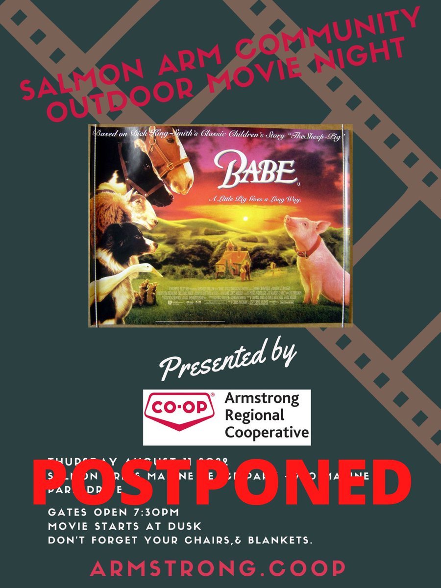 Armstrong Co-op (@armstrongcoop) on Twitter photo POSTPONED!  Due to the severe thunderstorm watch in place we are postponing tonight's outdoor movie at Salmon Arm's Marine Peace Park.  We are working with the City of Salmon Arm to secure another date and will have something posted next week.  Thanks for your understanding! POSTPONED!  Due to the severe thunderstorm watch in place we are postponing tonight's outdoor movie at Salmon Arm's Marine Peace Park.  We are working with the City of Salmon Arm to secure another date and will have something posted next week.  Thanks for your understanding!