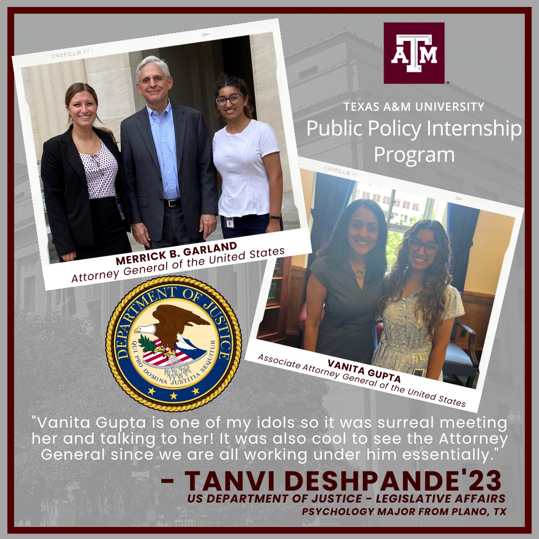 TamuANRP's tweet photo. Tanvi Deshpande '23, Psychology major from Plano, TX,  is interning for @TheJusticeDept - Legislative Affairs!

Tanvi visited with AG Merrick Garland and Associate AG Vanita Gupta! What an awesome experience, Enjoy the rest of your internship!

#AggiesImpactPolicy @TAMU #TAMU23 https://t.co/N340QNEL5Q