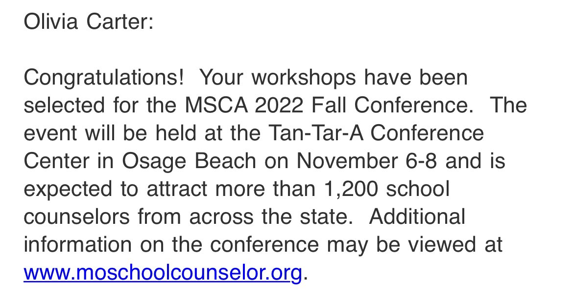 Woohoo! 🎉 I’m so excited to be presenting two sessions at @myMSCA fall conference: Student-Led Career Fairs and The School Counselor’s Role in Restorative Practices! #SchoolCounselor #SCOY21