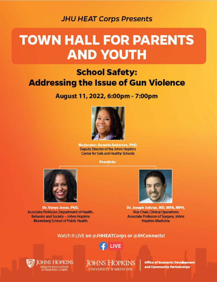 Panagis Galiatsatos, MD, MHS (@panagis21) on Twitter photo Join tonight.
Important conversations from these experts for our school communities.
<a href="/JHHEATCorps/">Johns Hopkins Health Education & Training Corps</a> <a href="/MomsDemand/">Moms Demand Action</a> <a href="/ImpactGreater/">Annette Anderson, Ph.D.</a> <a href="/JosephSakran/">Joseph Sakran</a> <a href="/SafePhD/">Vanya Jones</a> Join tonight.
Important conversations from these experts for our school communities.
<a href="/JHHEATCorps/">Johns Hopkins Health Education & Training Corps</a> <a href="/MomsDemand/">Moms Demand Action</a> <a href="/ImpactGreater/">Annette Anderson, Ph.D.</a> <a href="/JosephSakran/">Joseph Sakran</a> <a href="/SafePhD/">Vanya Jones</a>