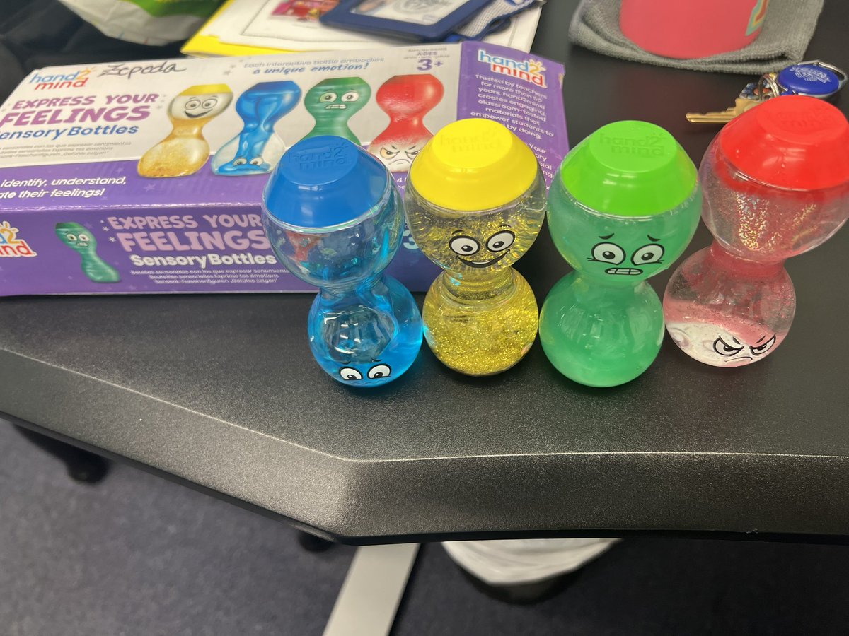 DrAxiniaZepeda's tweet photo. A new addition to my office safe place! I ordered a set for my moms classroom safe place too! Ordered from Amazon. I love how the individual emotions, you shake them & they almost mimic with what’s inside how that feeling might feel. #SELMatters @MZepeda19 #ECHteacher #ESAdmin https://t.co/sCFA3Hh2wx