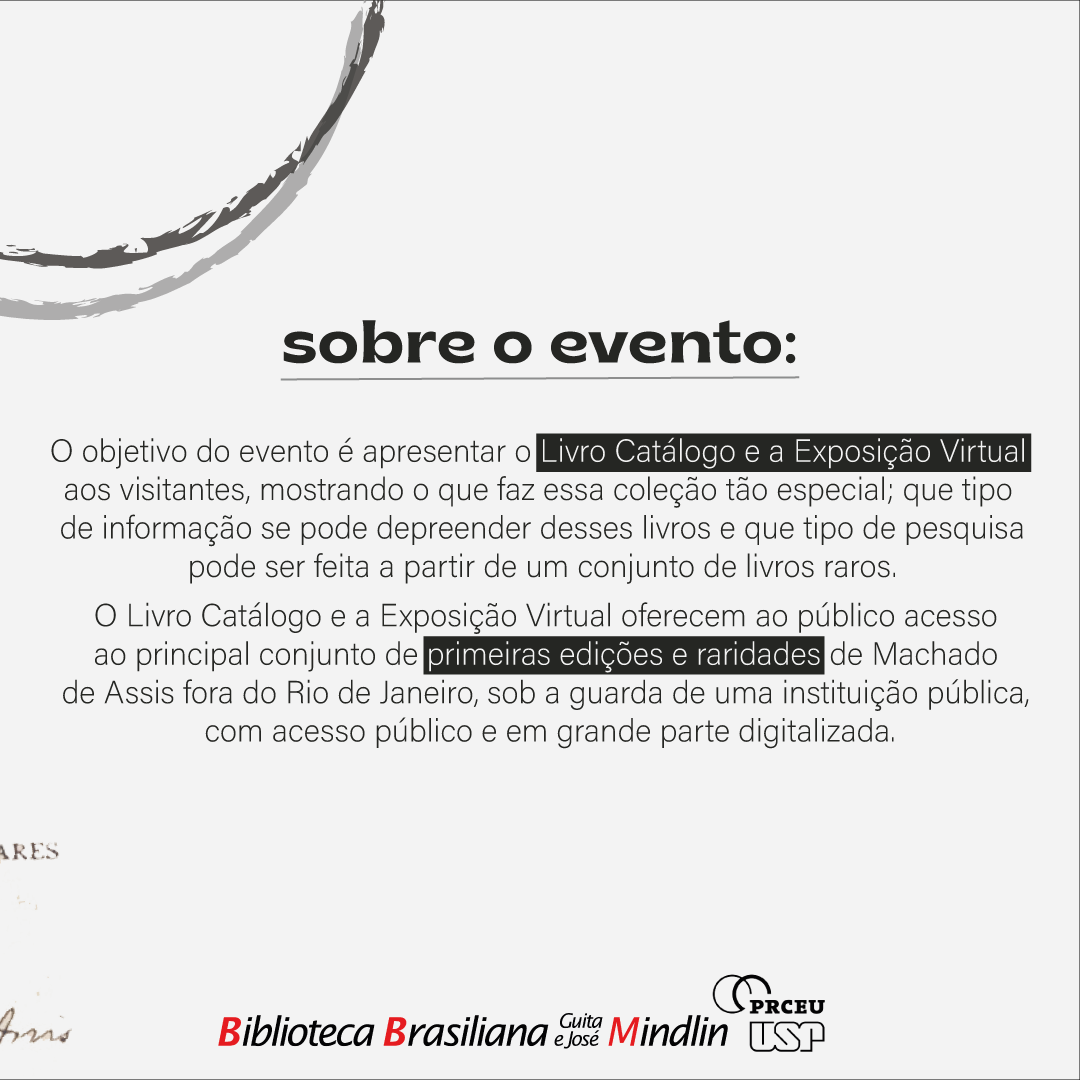 Exposição e Catálogo Virtuais: Machado de Assis: primeiras edições e raridades
Livro-Catálogo: Machado de Assis: primeiras edições

25 de agosto, ás 18h
Sala Villa-Lobos da BBM-USP

No site da BBM você encontra as informações detalhadas sobre o evento, link está em nossa bio.