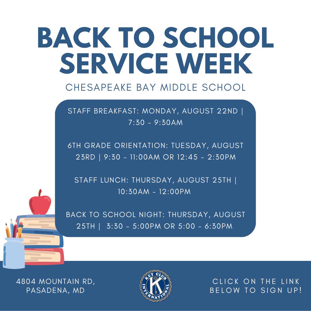 Join key club in back to school week service opportunities at the middle school! You can sign up through the link here m.signupgenius.com/#!/showSignUp/… to volunteer at CBMS for any of the events mentioned here.