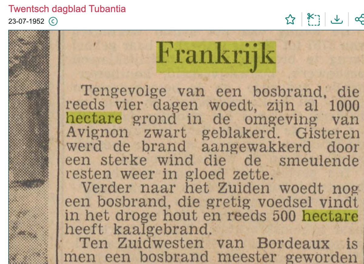 enithka's tweet photo. Ik was benieuwd naar #bosbranden in #Frankrijk uit het verleden en dan is #Delpher altijd zo'n geweldige bron. Zoek op 'bosbrand Frankrijk' en het regent artikelen. In de jaren vijftig ging het vaak om enkele honderden hectare. 1/6 https://t.co/B94gKQx2EX