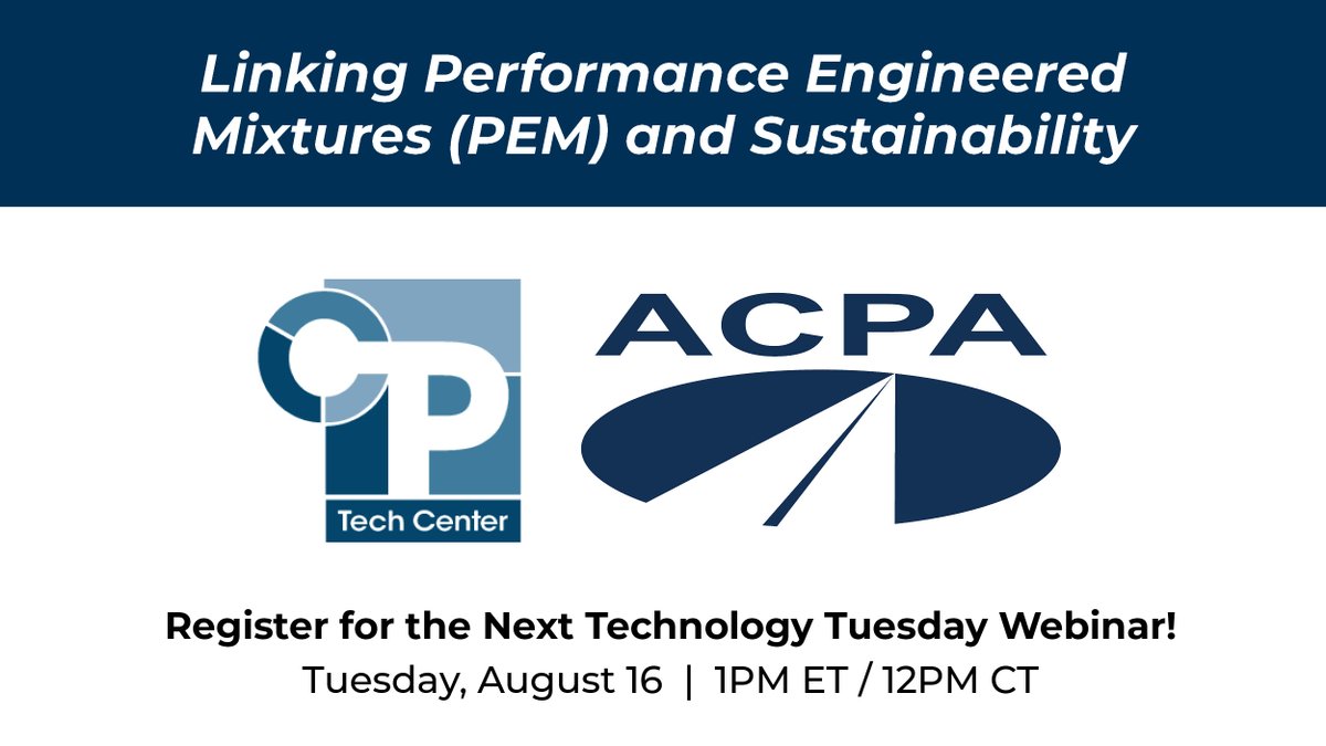 Learn how Performance Engineered Mixtures (PEM) enhance #concretepavement durability and how they are linked to #sustainability. Don’t miss the next ACPA/CP Tech Center Technology Tuesday #webinar! August 16 at 1pm eastern/noon central. 
hubs.li/Q01jSCvL0

#infrastructure