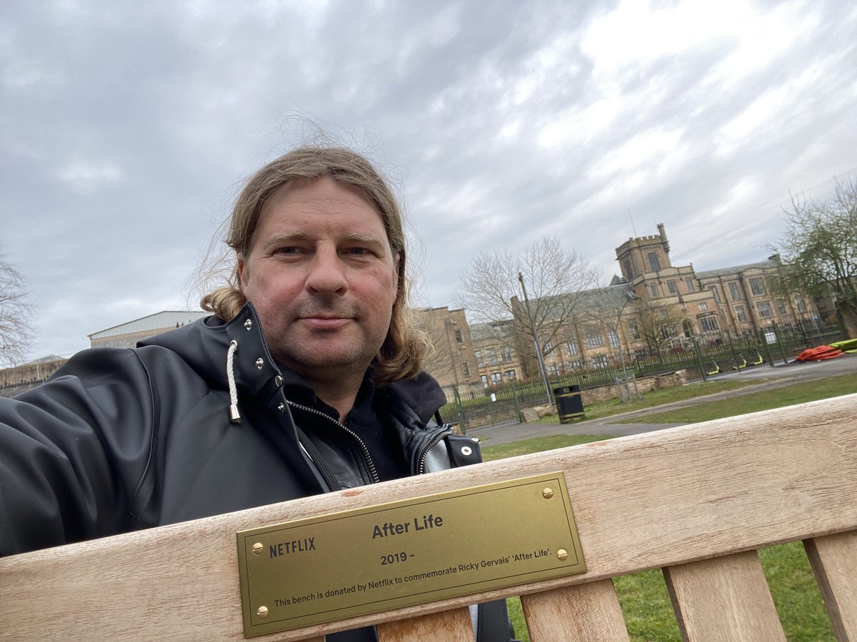 TSturmberger's tweet photo. #afterlife masterpiece by ⁦@rickygervais⁩. Eventually I found the bench in #nottingham. I have been binge-watching all 3 episodes for several times. It cracks me up, makes me cry and it is backing, when you lost a loved one. https://t.co/aJtFzYNbOt