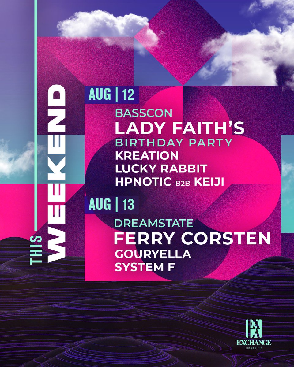 ExchangeLA's tweet image. It’s going to be a weekend to remember at #ExchangeLA! 💜⚡️ Get Tix → exchangela.com

Pop champagne at the hardstyle queen, @djladyfaith’s bday for @bassconmassive THIS Fri 🎉 @FerryCorsten plays as #Gouryella &amp;amp; #SystemF at his #WTF Tour for @DreamstateUSA THIS Sat! ✨