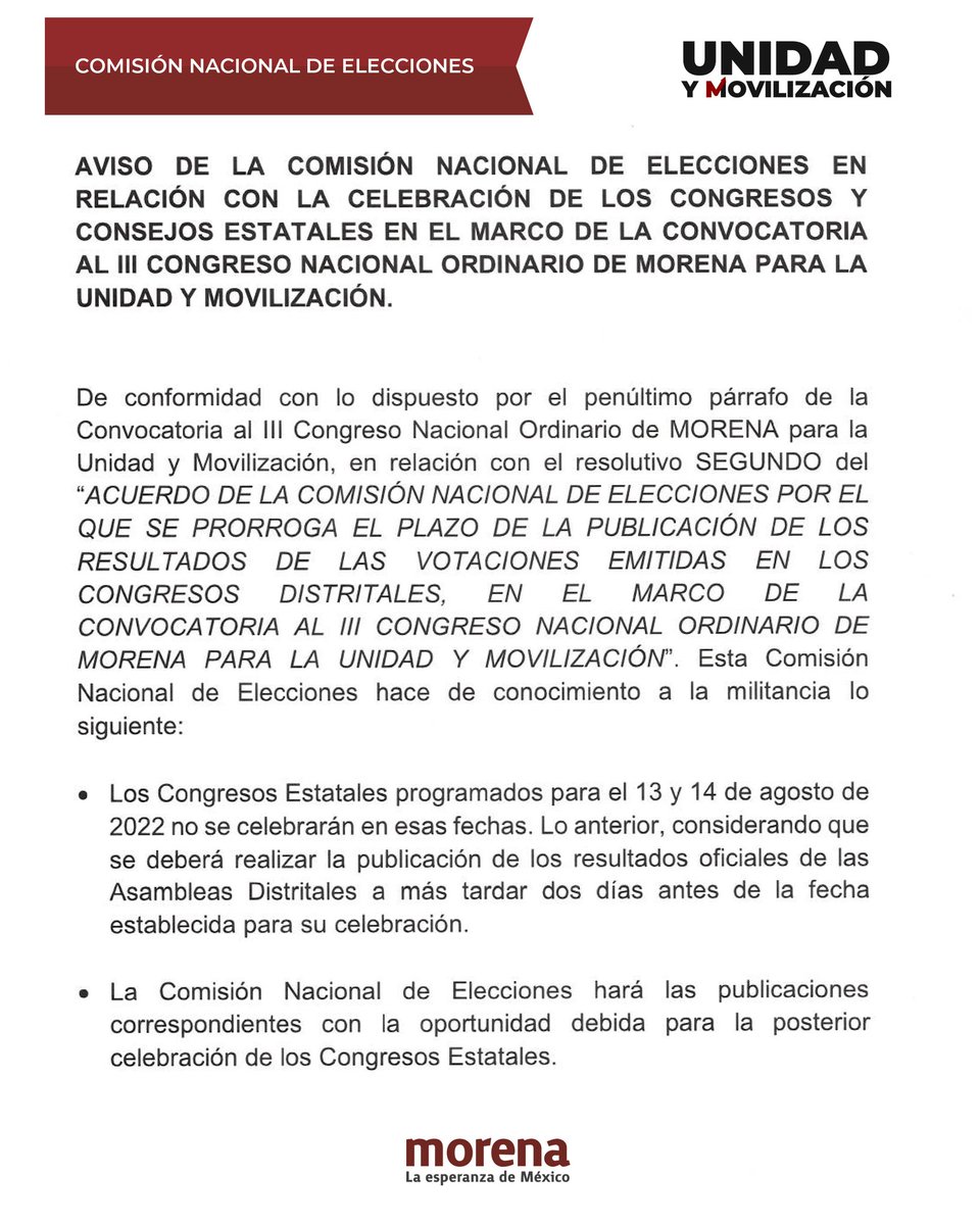 Mensaje a la militancia:

Los Congresos Estatales programados para los días 13 y 14 de agosto se pospondrán, debido a que aún deben publicarse los resultados de las elecciones distritales. 

Informaremos a la brevedad las nuevas fechas. 

morena.org/wp-content/upl…