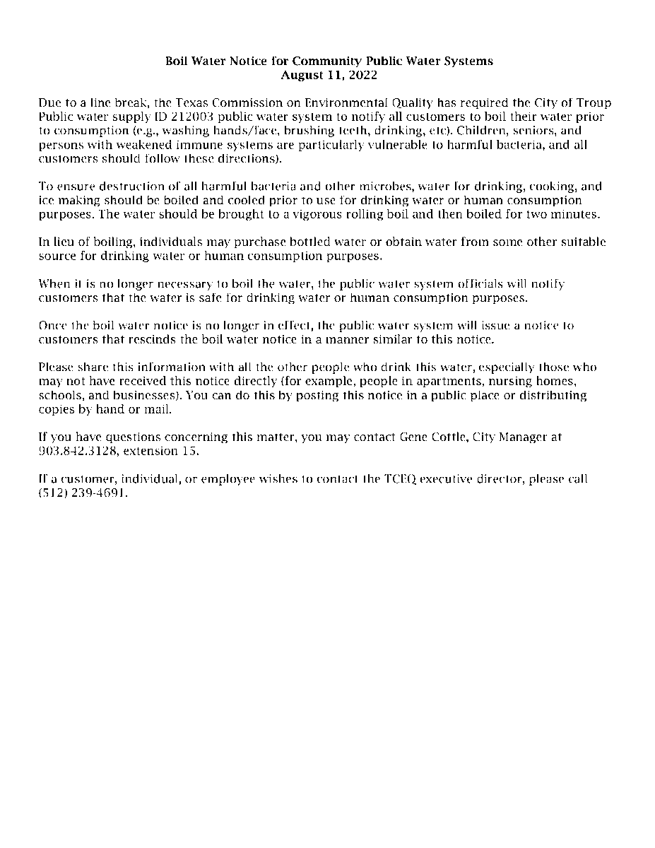 TroupTexas's tweet photo. The previously published Boil Water Notice had an error in the date. Attached is the corrected notice. https://t.co/Xb4na3fNtY