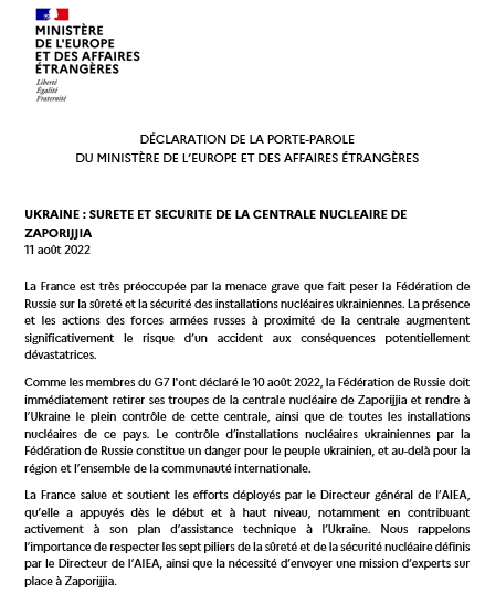 francediplo's tweet photo. La présence et les actions des forces armées russes à proximité de la centrale de Zaporijjia augmentent significativement le risque d’un accident.
La France soutient l'envoi d'une mission de l'@iaeaorg sur place. https://t.co/QB5Iyy3M8q