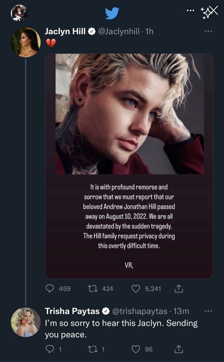 RichLux713's tweet photo. So sad about Jaclyn hill and Jon hill. Trisha paytas even said her condolences. Over all such a sad thing Jon hill music will live on.

#jaclynhill #jonhill #TrishaPaytas #richlux #rip https://t.co/MdHRz3vZCF