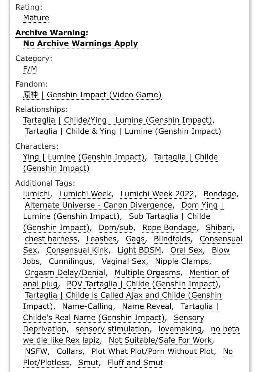 luvinparamore's tweet photo. 🔞🔞 #Lumichi #蛍タル #LumichiWeek2022 @LumichiWeek #nsfw
Day 5 - Bondage
+4K words of absolutely NO PLOT if you know what I mean 👀 enjoy!! #LumichiWeek
https://t.co/t2fBjMvLTP https://t.co/6ceGVGSpua